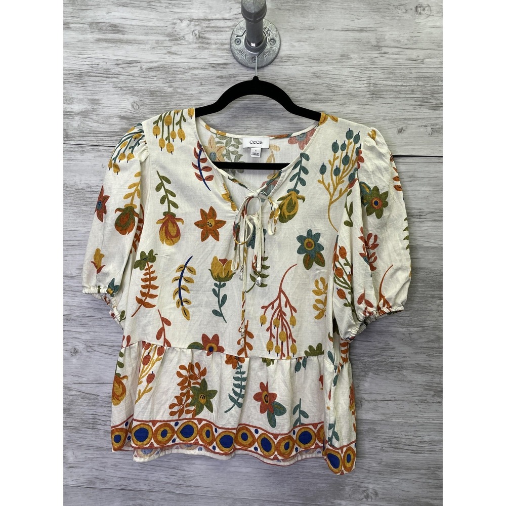 CeCe Tunic Womens M White Floral Puff Sleeve V-Neck‎ Keyhole Tie Ruffle